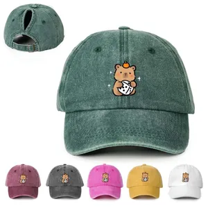 Verstellbare Polyester Baseballkappe Mit Cartoon Capybara Druck Pferdeschwanz Loch Gebogene Krempe Outdoor Sonnenschutz Sport Hut Für Damen Herren