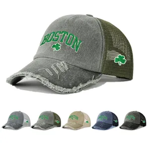 Retro Embroidered Letter Floral Baseball Cap Breathable Mesh Trucker Hat Distressed Ripped Curved Brim Sun Hat For St Patrick Day