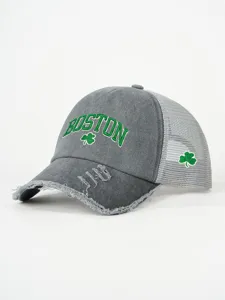Grey distressed trucker hat close-up, Boston embroidery and shamrock mesh cap detail view.
