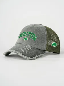 Distressed grey trucker hat featuring green Boston embroidery and cute shamrock details.