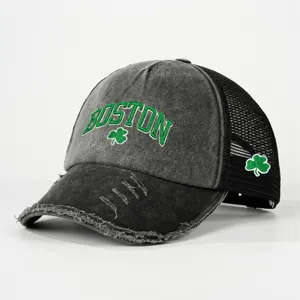 Distressed Boston Shamrock Mesh Baseball Cap Vintage Trucker Hat with Green Embroidery