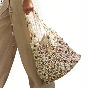 Casual Woven Hollow Out Beaded Tote Bag Women Fashion Straw Beach Shoulder Bag Fabric Daily Handbag Purse