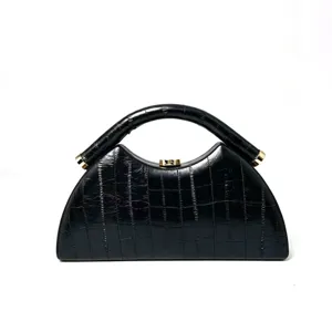 Vintage black semi-circular handbag with embossed eel pattern and metal clasp for women