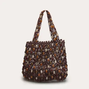 Woven Beaded Shoulder Bag Hollow Out Casual Tote Retro Stone Beaded Handbag for Women