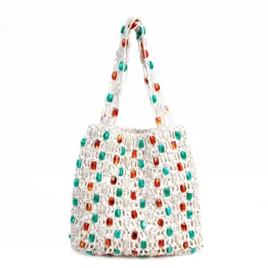 Handmade woven tote bag with colorful beads, chic hollow out shoulder bag for summer beach.