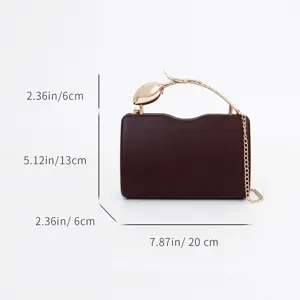 Elegant dark brown evening clutch bag with gold tulip metal handle and chain strap for women.