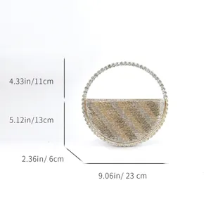 Sparkling rhinestone semi-circular evening clutch bag featuring crystal stripes and ring handle.