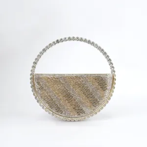Rhinestone semi-circular evening clutch bag with sparkling crystal handle for party banquets.
