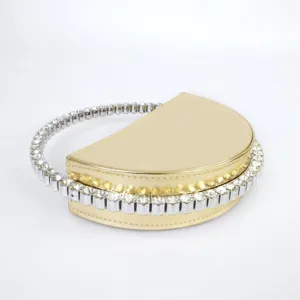 Gold metallic evening handbag with rhinestone handle and crystal trim for party banquet use.