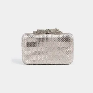 Sparkling crystal rhinestone evening clutch bag detail featuring an elegant bow clasp design.