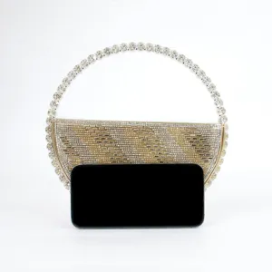Rhinestone semi-circular evening clutch bag detail showing scale with phone and sparkly crystal handle.