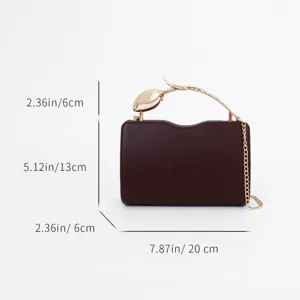 Elegant dark brown evening clutch bag with gold tulip metal handle and chain strap.