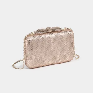 Sparkling rhinestone bow clutch bag with chain strap, luxury evening purse for women.