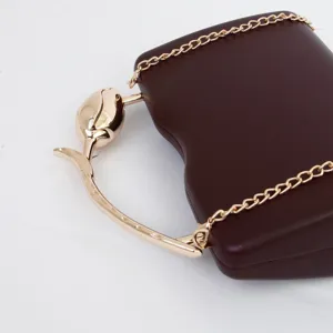 Vintage brown leather handbag with gold tulip handle and chain strap for women evening bag