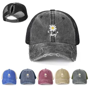 Distressed Gewassen Mesh Honkbalcap Met Paardenstaart Gat Daisy Geboordurd Verstelbaar Outdoor Zonnescherm Trucker Hat Voor Unisex