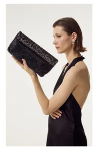 Pochette de soirée noire avec strass en détail, sac scintillant pour fêtes et banquets