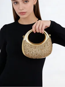 Sac de soirée croissant mini strass métalliques dorés avec poignée ronde pour femmes
