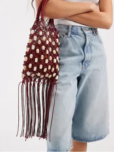 Vintage handmade woven macrame beaded fringe handbag, resort style hollow tote bag for women.