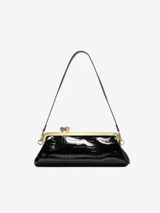 Black patent leather baguette shoulder bag with chic gold frame clasp and vintage crocodile texture.
