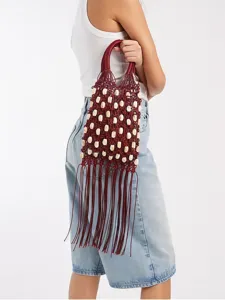 Woven wax rope beaded handbag for women, vintage handmade fringe vacation beach bag.