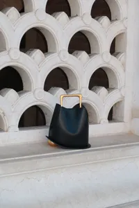 Chic black leather bucket bag with elegant gold top handle and unique metal feet design.