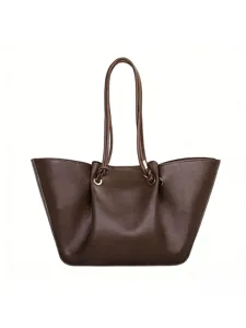 Dark brown leather tote bag detail, pleated cloud design, elegant handle and metal ring accents.