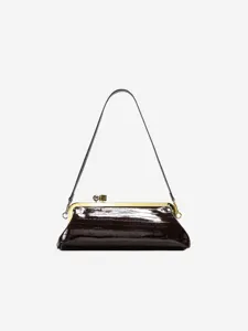 Chic brown crocodile embossed leather baguette shoulder bag with metallic frame and strap.