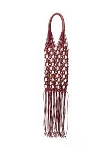 Burgundy macrame woven beaded handbag with fringe, stylish retro boho summer beach resort bag.