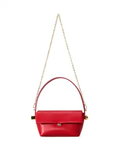 Red French flap shoulder bag detail showing premium leather and golden chain hardware.