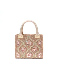 Sparkly rhinestone evening handbag with elegant floral pattern, top handle design for party use.