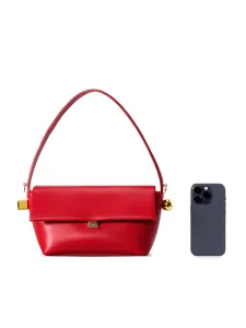 Red leather underarm shoulder bag with flap closure, elegant design for women commuting and daily.