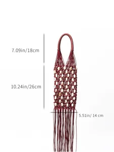 Handmade wax rope beaded fringe handbag, bohemian resort style hollow woven tote bag for women