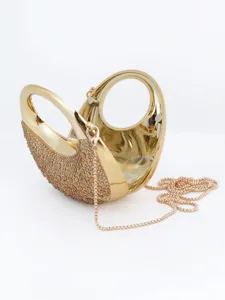 Mini sac de soirée en strass avec poignées anneaux métalliques et chaîne élégante.