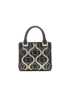 Elegant black rhinestone evening handbag, sparkling crystal beaded top handle purse for party.