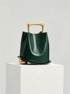 Dark green bucket bag with gold handle niche design fashion autumn winter women leather handbag
