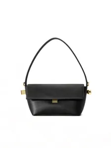 Elegant black leather shoulder bag with chic gold hardware, stylish minimalist daily purse.