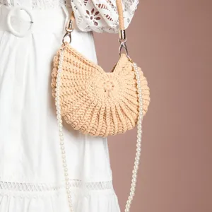 Sac à Main en Paille Tissé Creux de Plage d'Été Femmes Fait Main au Crochet Forme de Conque Sac Décontracté Assortiment Quotidien