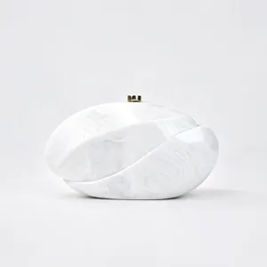 White marble acrylic clutch bag with wave design and metal clasp for women stylish evening wear