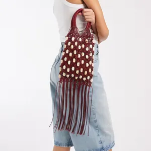 Women Woven Handbag Vintage Hollow Out Tassel Beach Vacation Tote Bag Polyester Rope Beaded Handbag Casual Ladies Purse