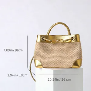 Sac Bandoulière Femme en Paille Été Sac à Main Casual de Plage Bordure Or Métallique