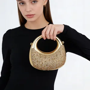 Mini Sac de Soirée Métallique Lune en Strass pour Femmes Fête Banquet Cristal Brillant Incrusté Chaîne Bandoulière