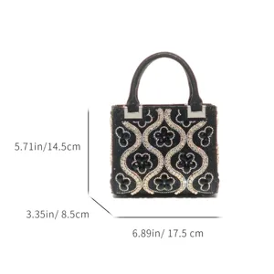 Black rhinestone evening bag with flower pattern, elegant top handle handbag, 17.5x14.5x8.5cm