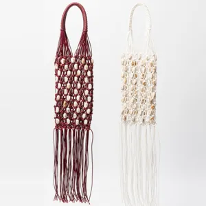 Handmade woven wax rope beaded fringe handbag vintage resort style hollow beach tote bag for women