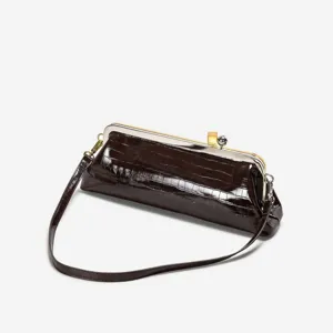 Brown crocodile pattern baguette shoulder bag for women, retro kiss lock clutch underarm handbag.