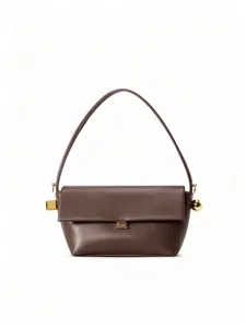 Chic brown leather shoulder bag with unique gold hardware, elegant underarm bag for women.