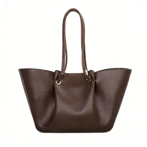 Large capacity brown leather slouchy tote bag for women, elegant commuter handbag.