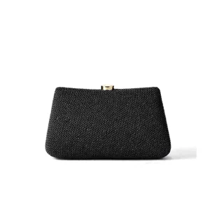 Élégante pochette de soirée tissée noire avec fermoir doré pour banquets de mode féminine