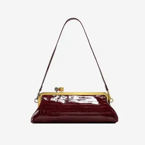 Elegant maroon crocodile pattern baguette shoulder bag retro metal frame clutch purse for women