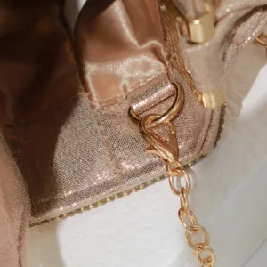 Glittery champagne gold evening bag detail featuring metallic chain and shimmering fabric material.