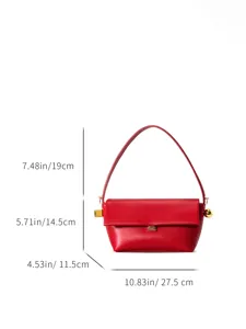 French style red flap underarm bag detail showing dimension specifications and gold hardware.
